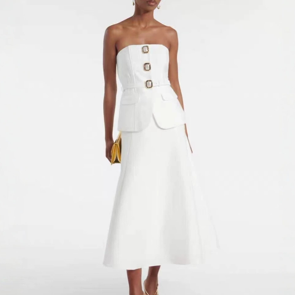 Women Formal Wear For Meeting - Sexy strapless top met diamanten knopen