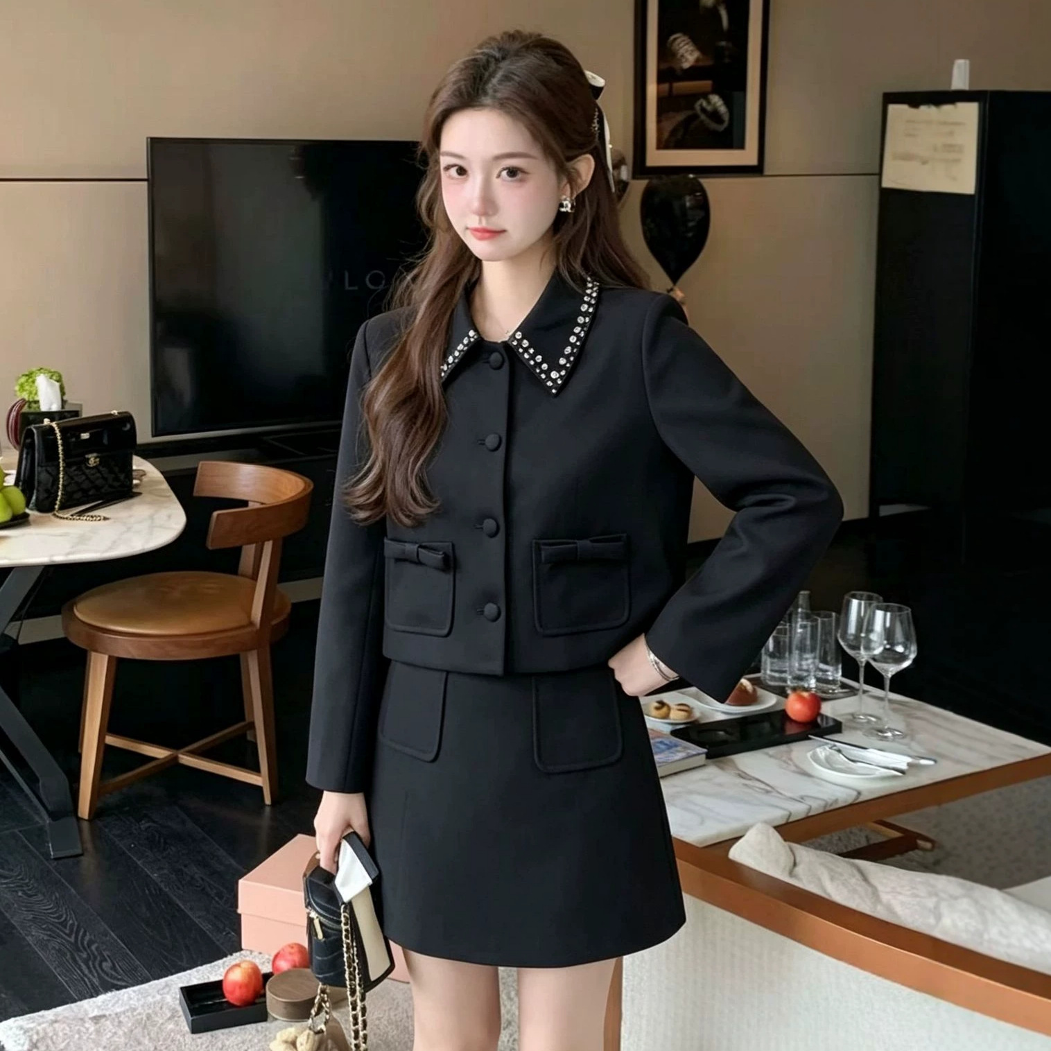 Women Formal Wear Korean - Elegante slanke rok tweedelige set, effen