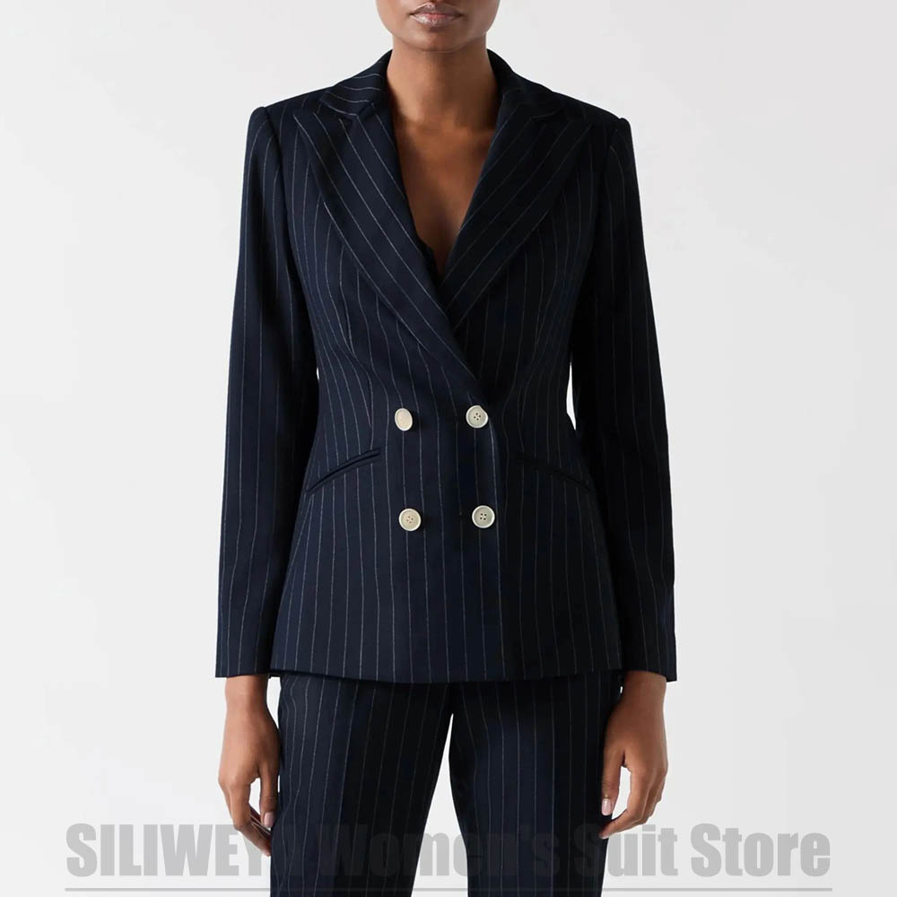 Women Formal Wear For Meeting - Marineblauw gestreept pak voor dames, blazer